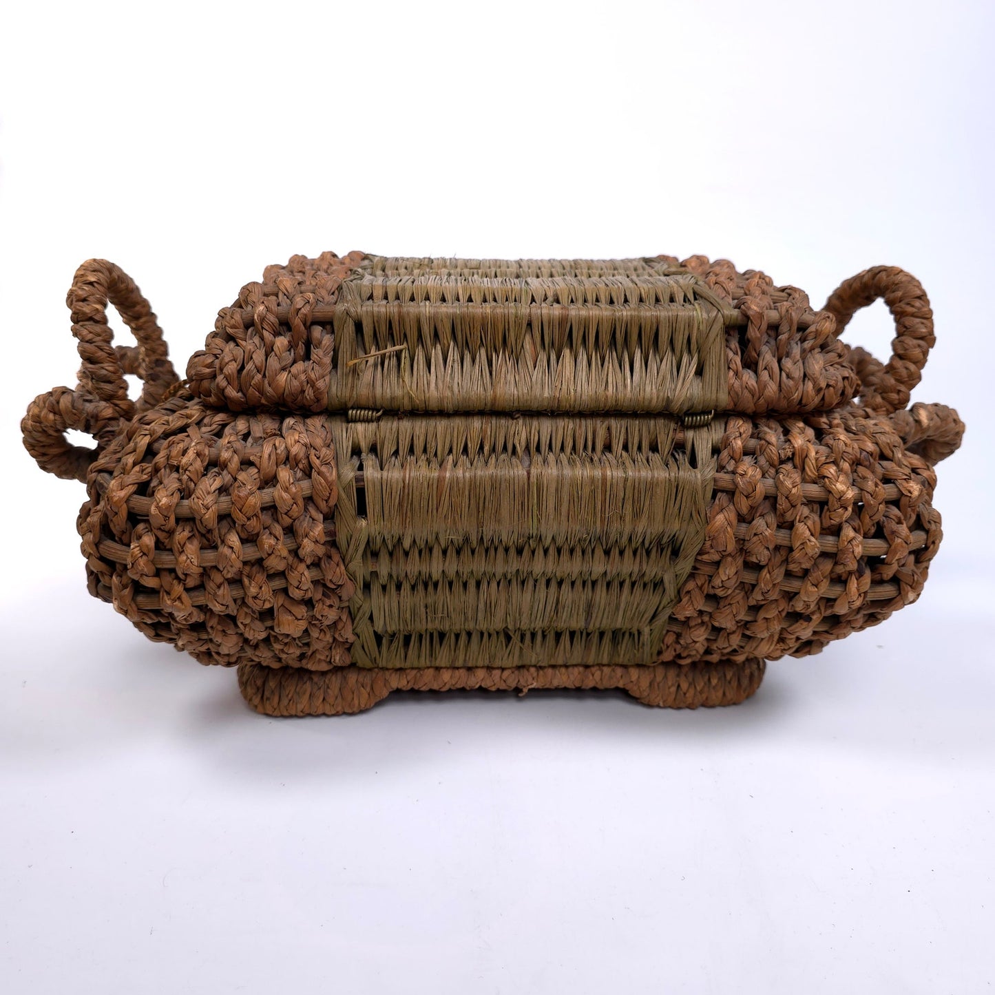 Antique Lined Table Trinket Box Hand Woven Basket With Handles