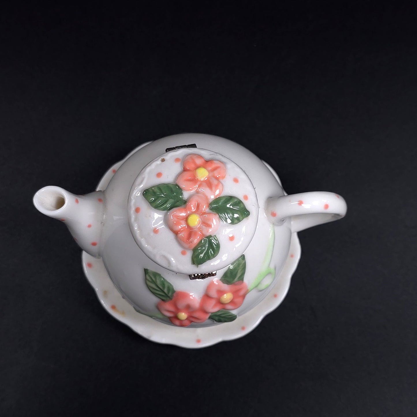 Vintage Tea Pot Jewelry Trinket Box With Saucer Floral Pattern