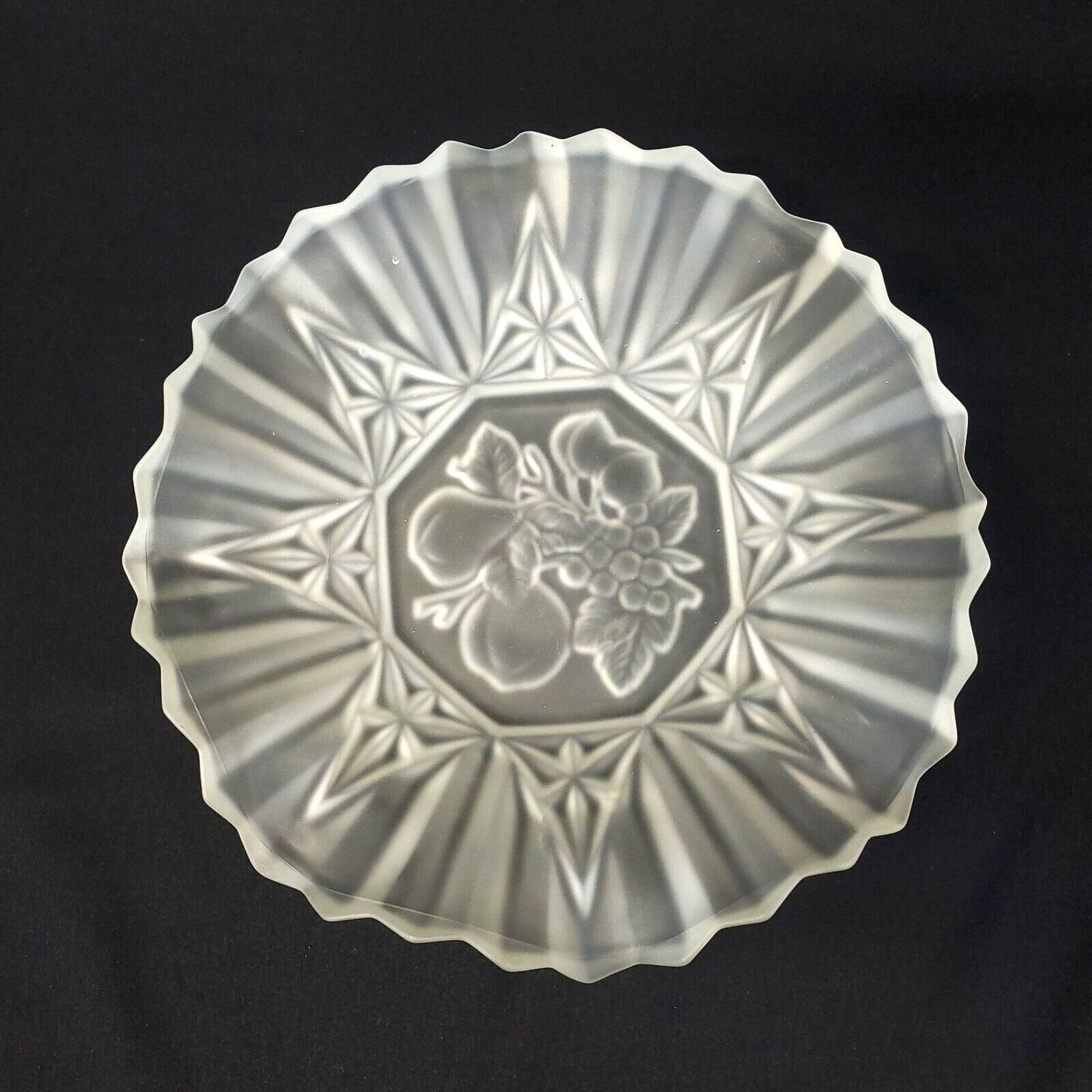 Vintage Frosted Satin Glass Fruit Bowl with Starburst Pattern Scalloped Edge