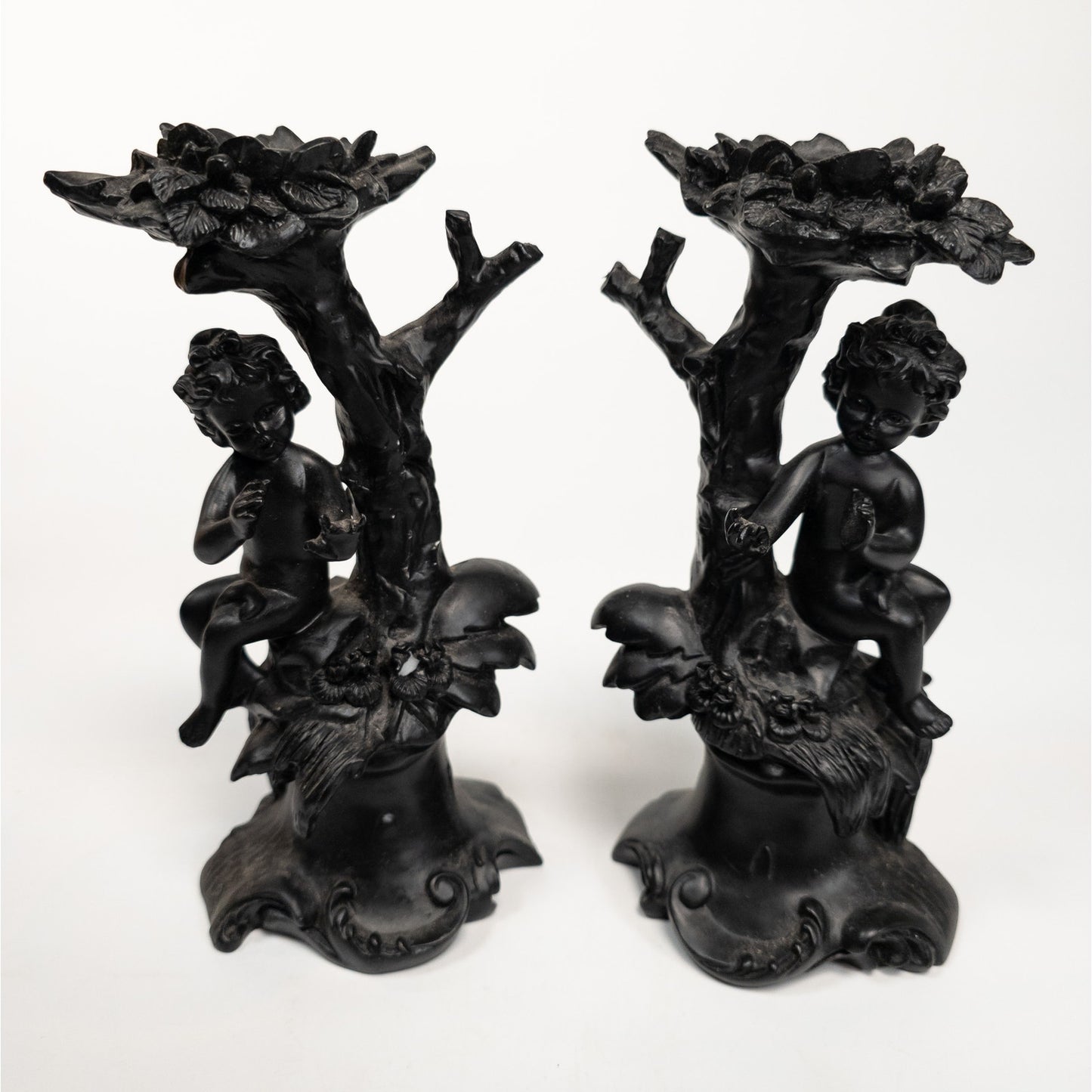 Cherub Angel Black Resin Candle Stick Holder Set of 2