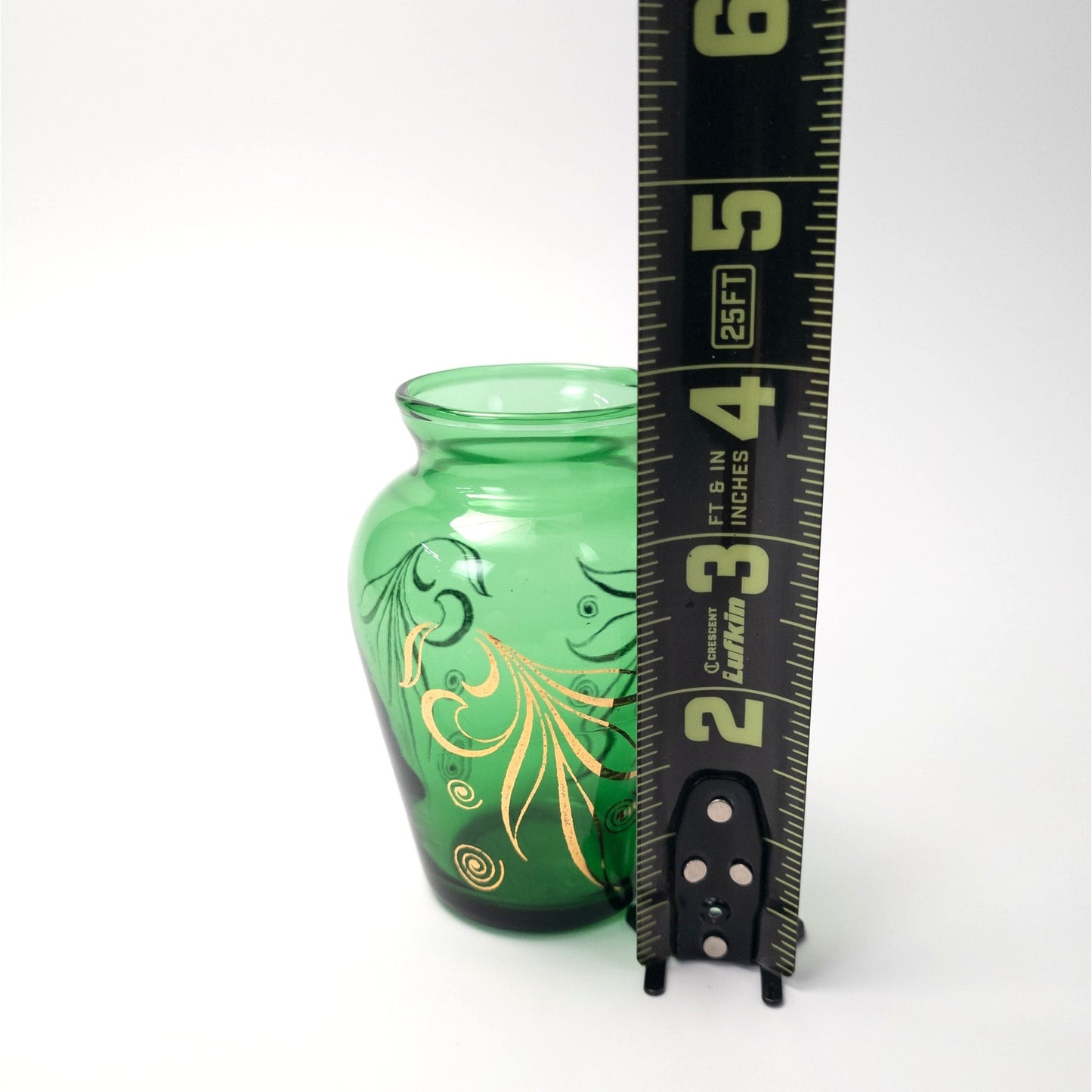 Anchor Hocking Emerald Forest Green Bud Vase with Gold Leaves Design