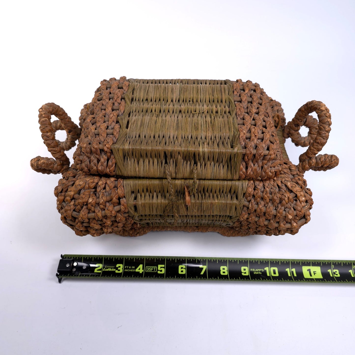 Antique Lined Table Trinket Box Hand Woven Basket With Handles