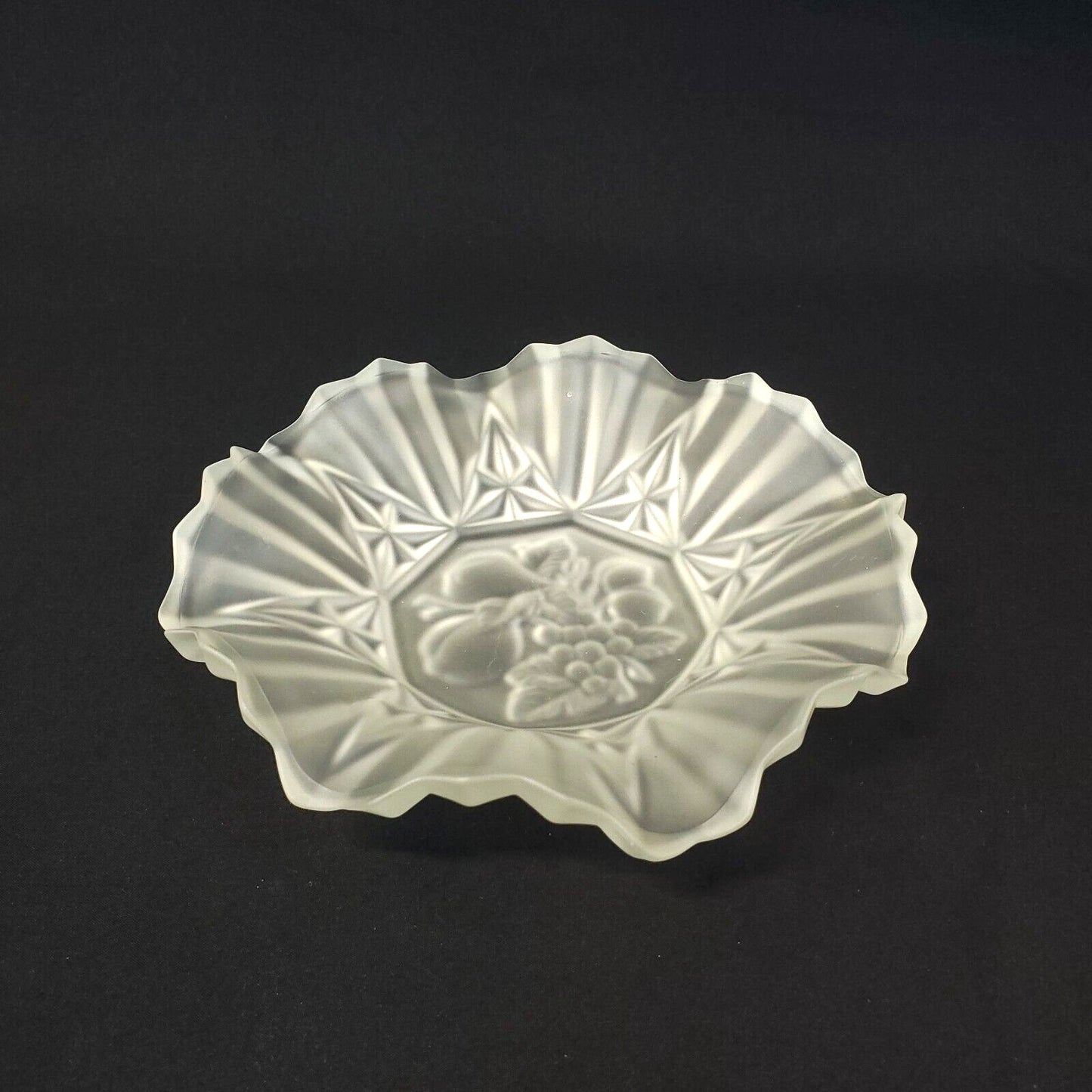 Vintage Frosted Satin Glass Fruit Bowl with Starburst Pattern Scalloped Edge
