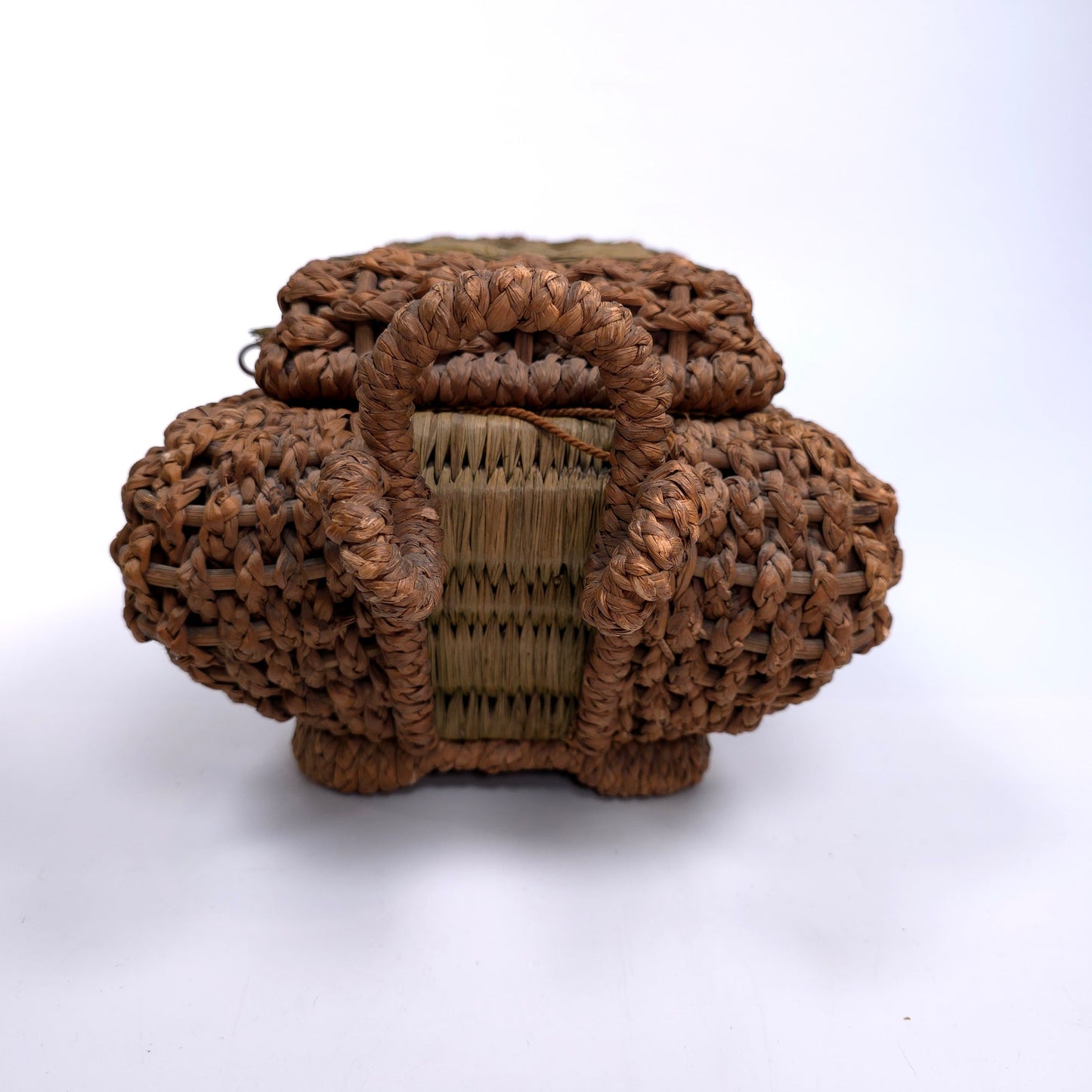 Antique Lined Table Trinket Box Hand Woven Basket With Handles