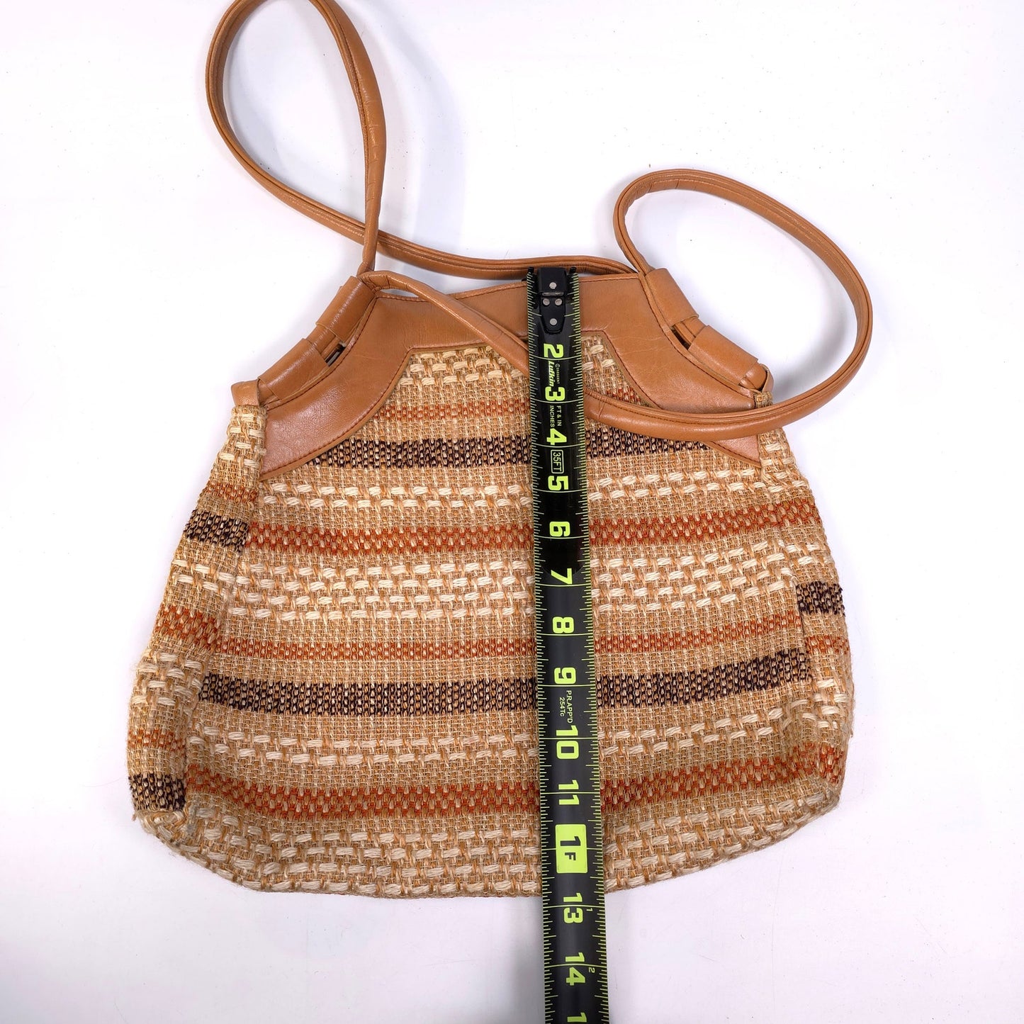 Burlap And Leather Woven Shoulder Bag Purse Striped
