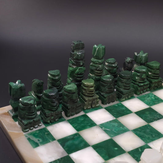Vintage Green White Onyx Stone Carved Chess Board Set Mexico