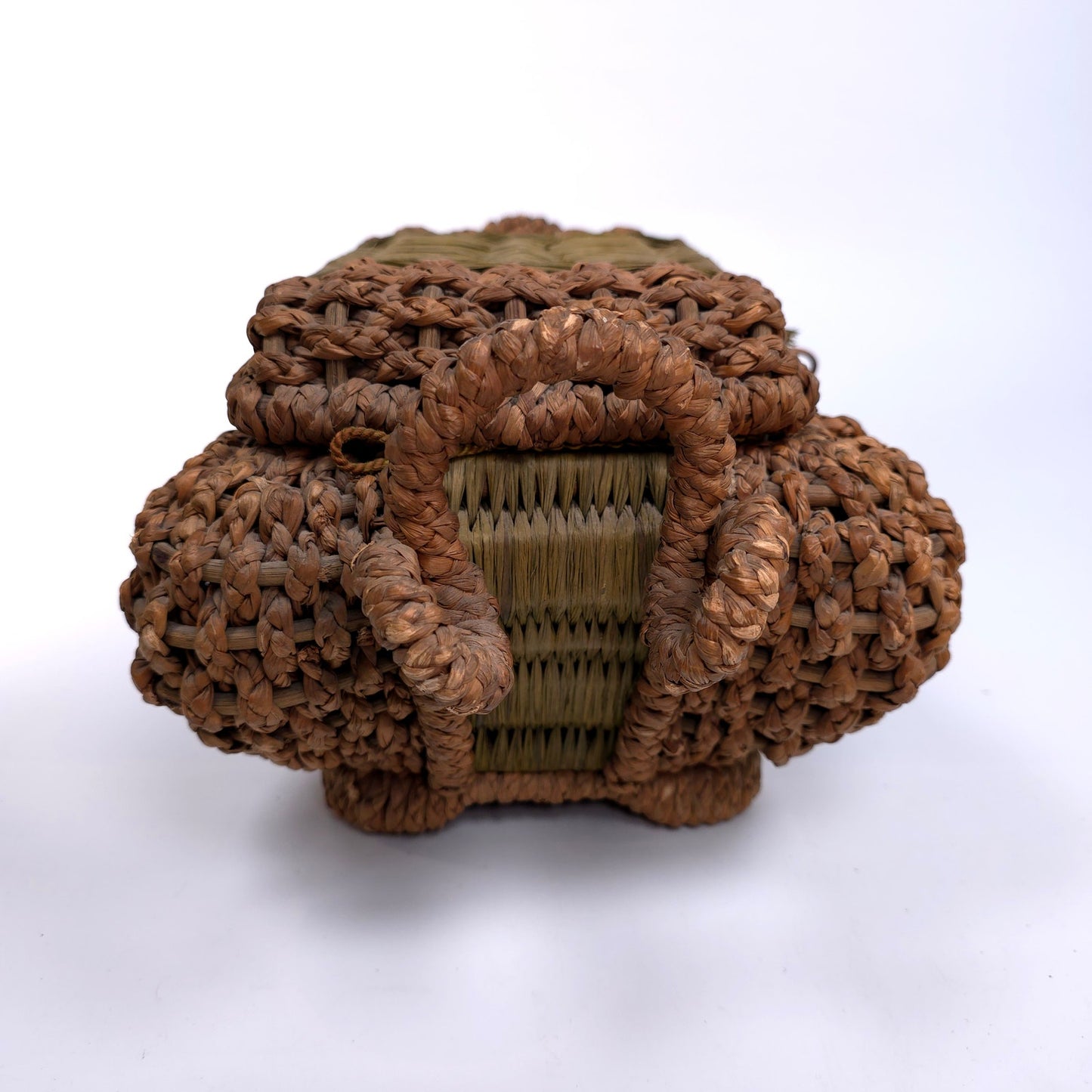 Antique Lined Table Trinket Box Hand Woven Basket With Handles