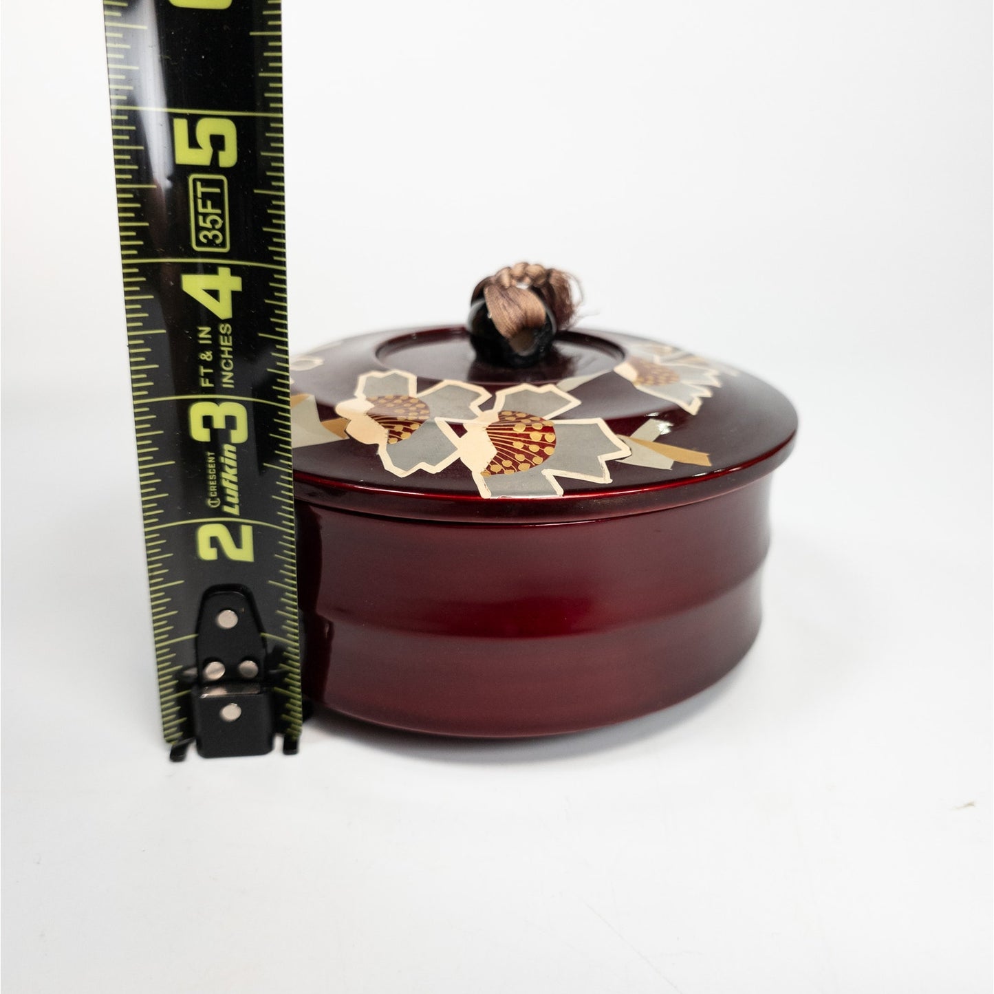 Lacquered Japanese Tea Lidded Trinket Box Container Floral Design w/ Tassel