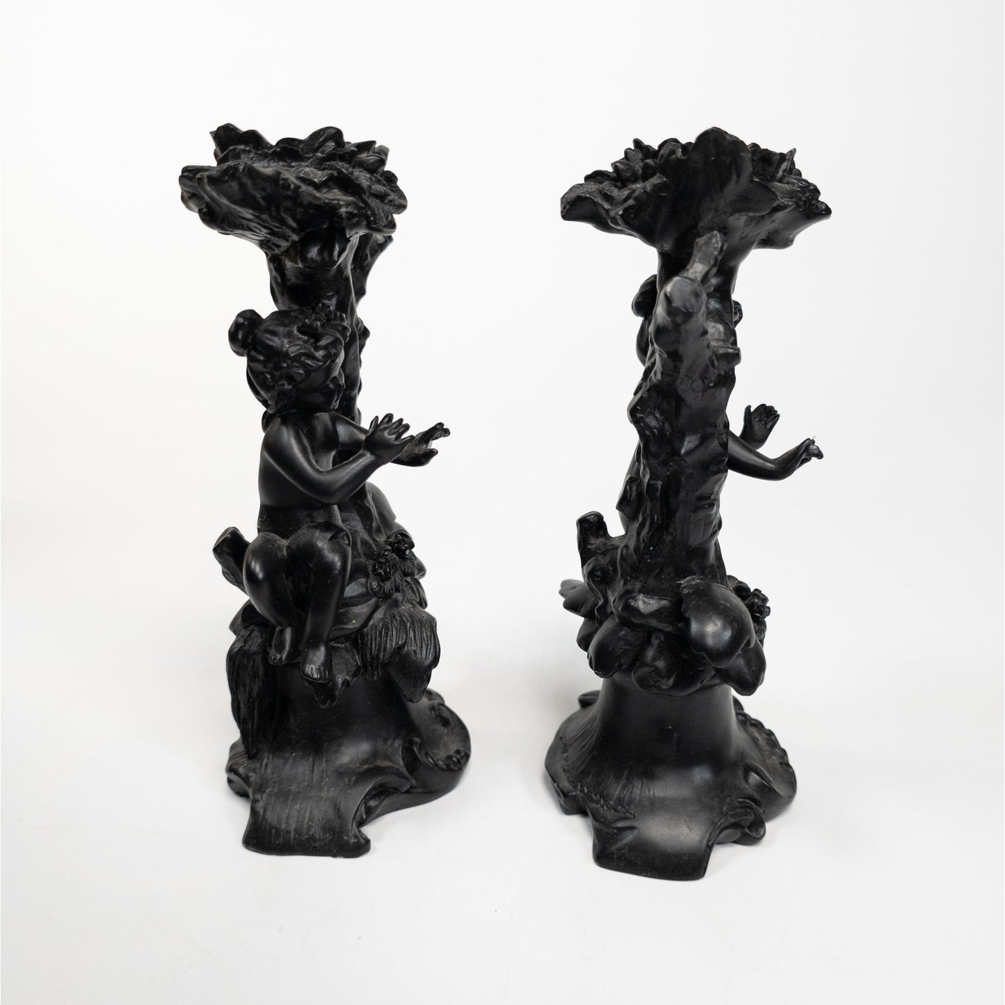 Cherub Angel Black Resin Candle Stick Holder Set of 2