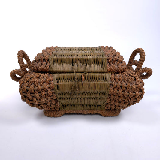 Antique Lined Table Trinket Box Hand Woven Basket With Handles