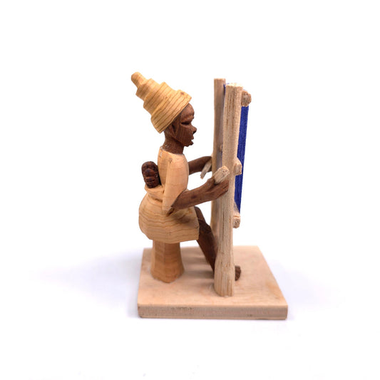 Vintage MCM Hand Carved Wooden Woman With A Loom Weaving Made In Nigeria Figure