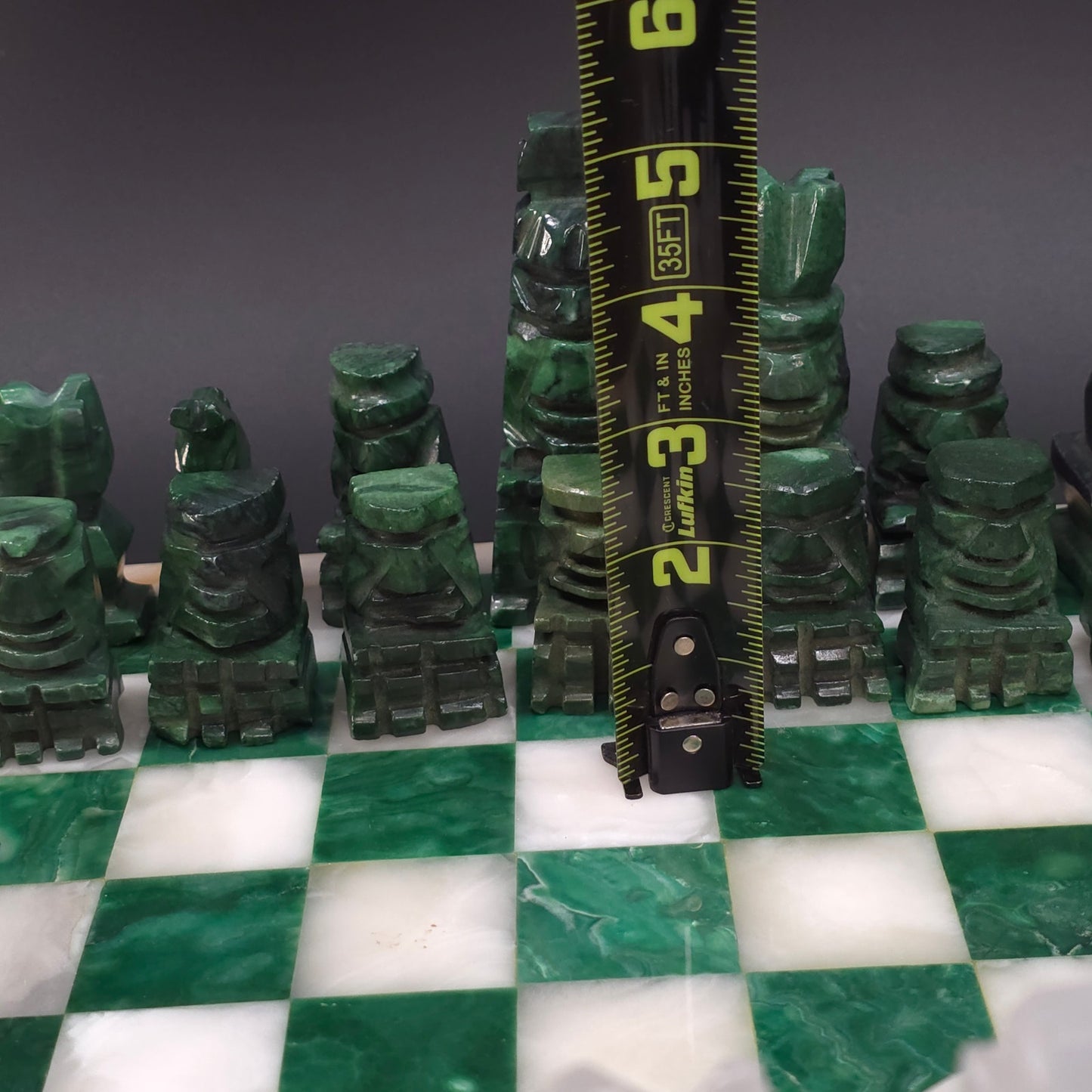 Vintage Green White Onyx Stone Carved Chess Board Set Mexico