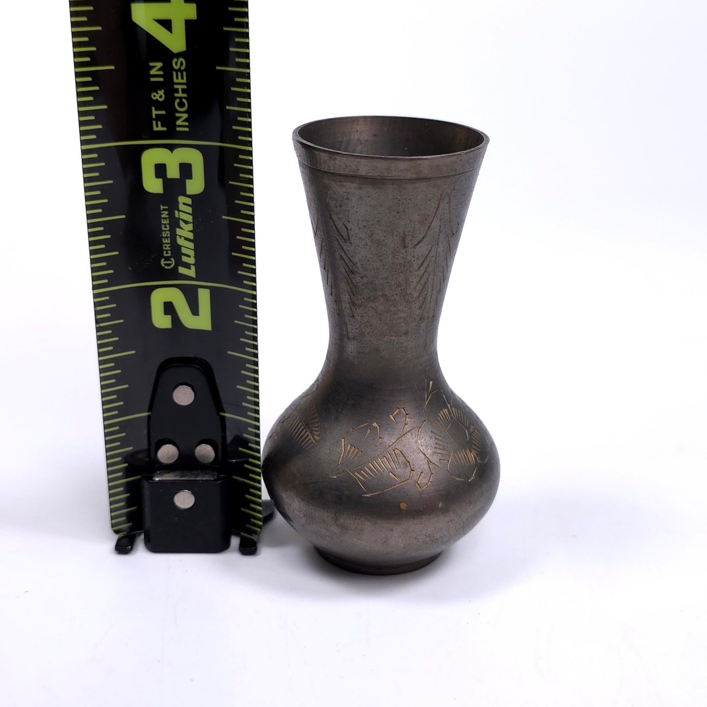 Vintage Bronze Mini Bud Vase With Etched Floral Pattern