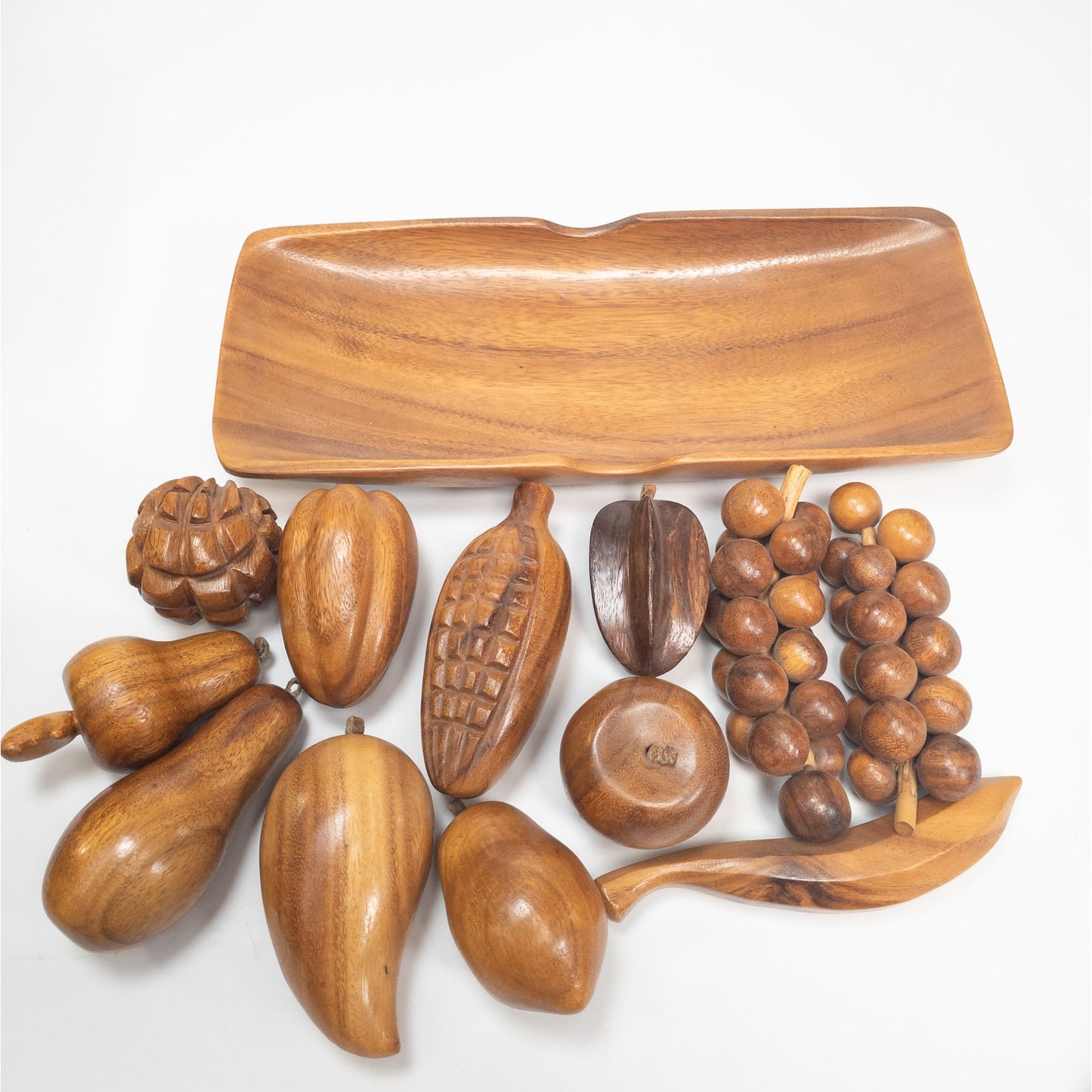 MCM Wood Decorative 13 Piece Fruit Bowl Tray Apple Corn Grapes Pear