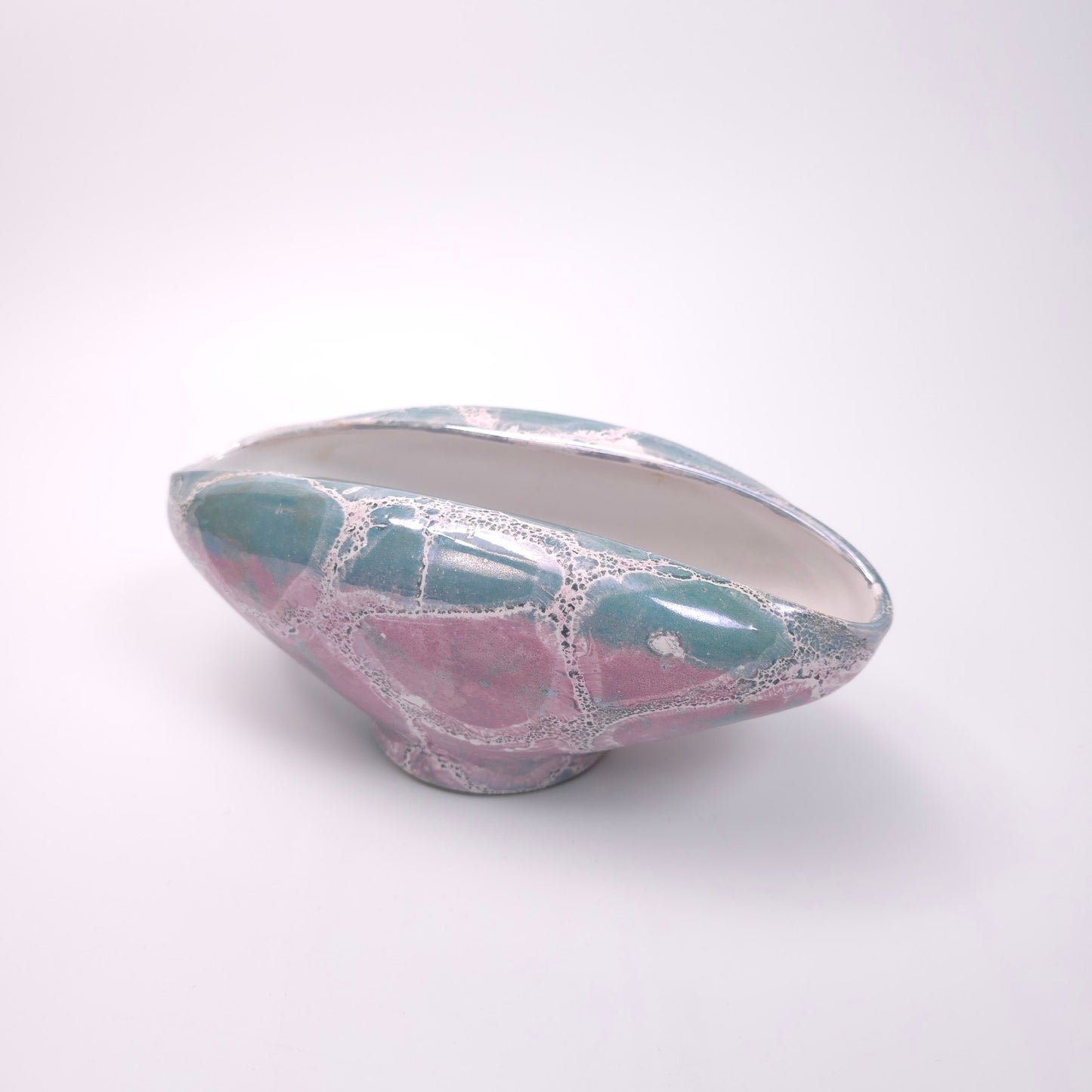 Artistic Italian Ceramic Folded Elongated Bowl Vase with Marbled Finish
