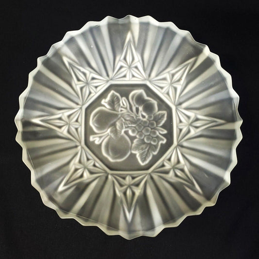 Vintage Frosted Satin Glass Fruit Bowl with Starburst Pattern Scalloped Edge