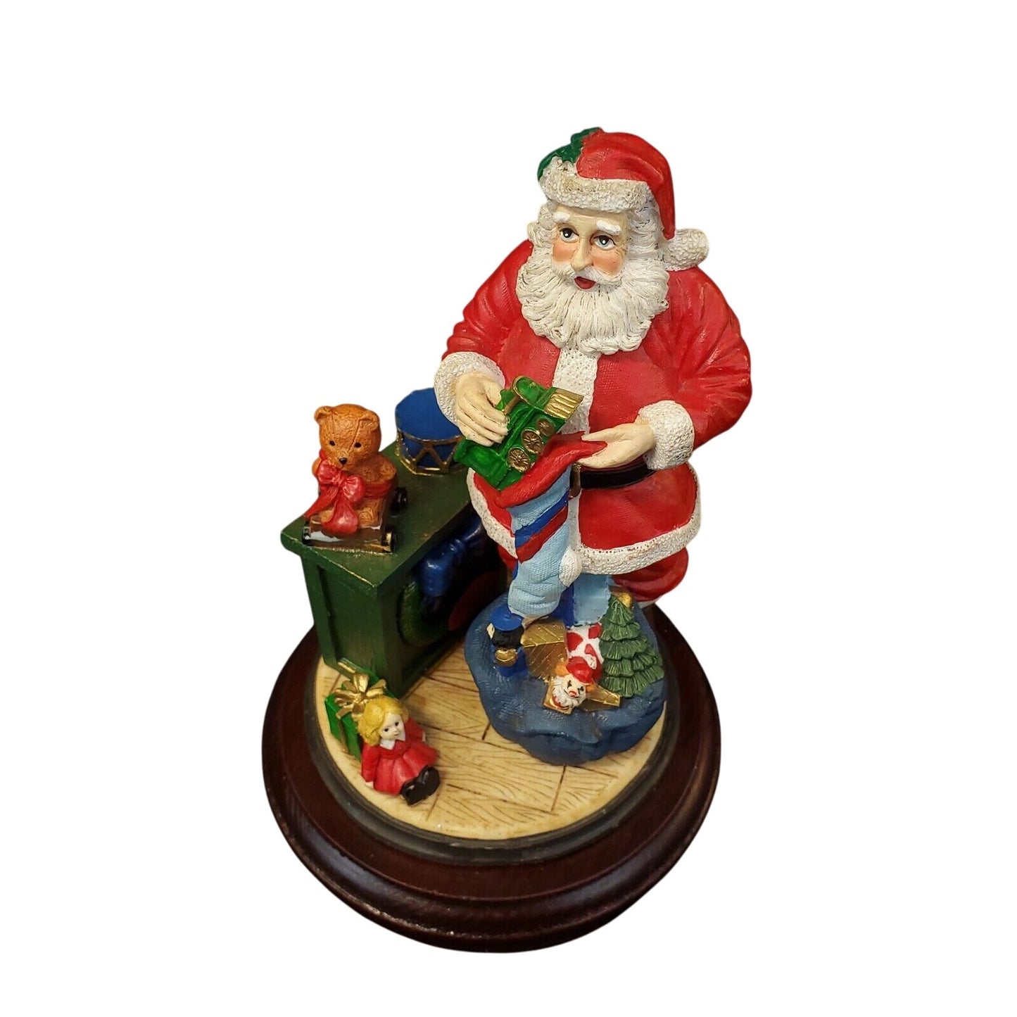 Resin Santa Claus Figurine with Teddy Bears and Wooden Base Collectible Decor