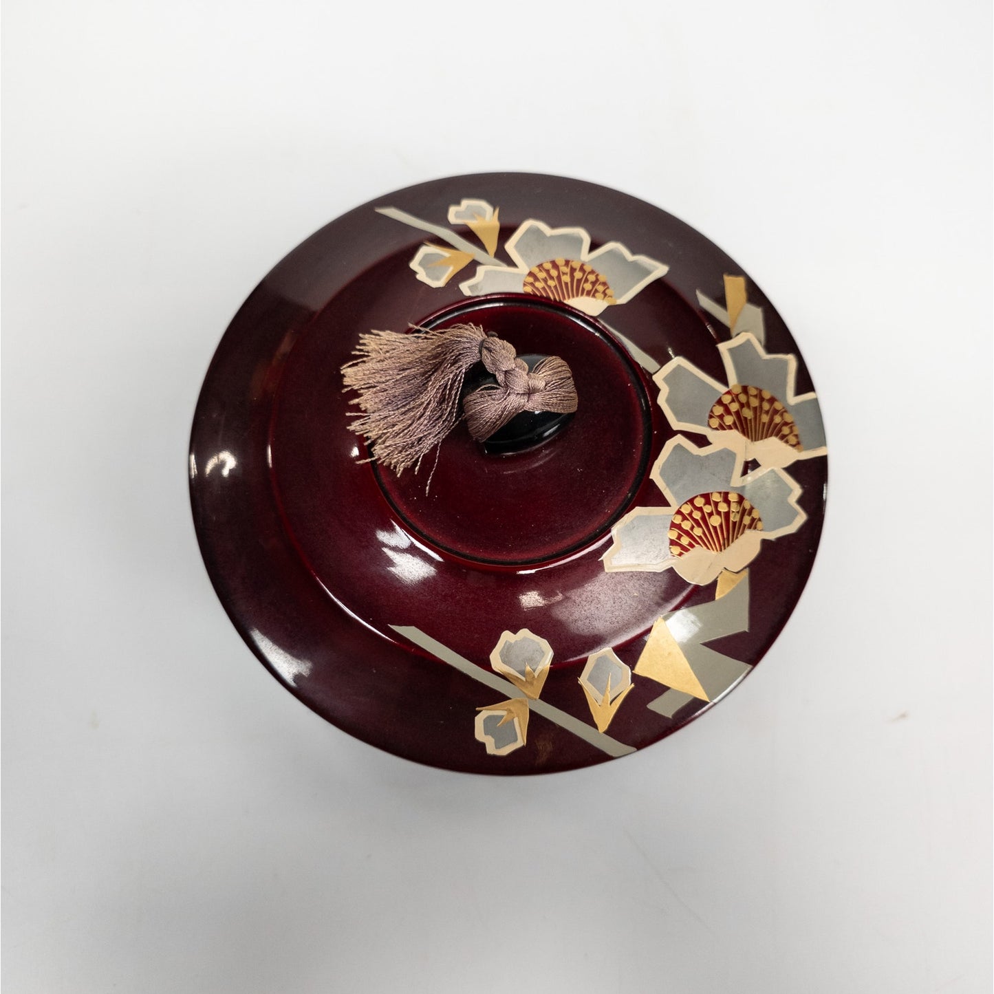 Lacquered Japanese Tea Lidded Trinket Box Container Floral Design w/ Tassel