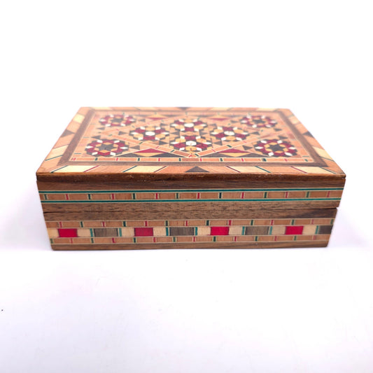 Vintage MCM Marquetry Wood Trinket Jewelry Box With Mosaic Inlay