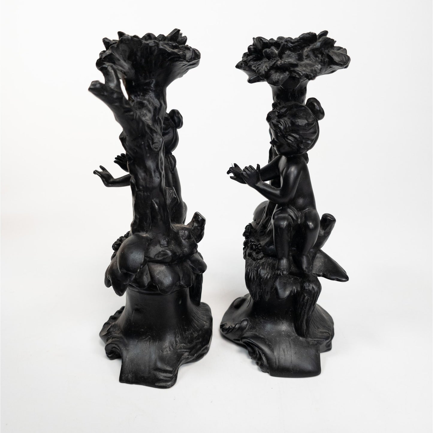 Cherub Angel Black Resin Candle Stick Holder Set of 2