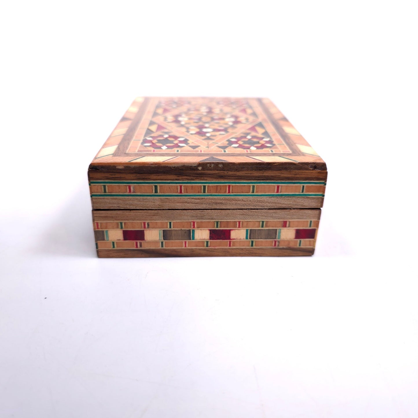 Vintage MCM Marquetry Wood Trinket Jewelry Box With Mosaic Inlay