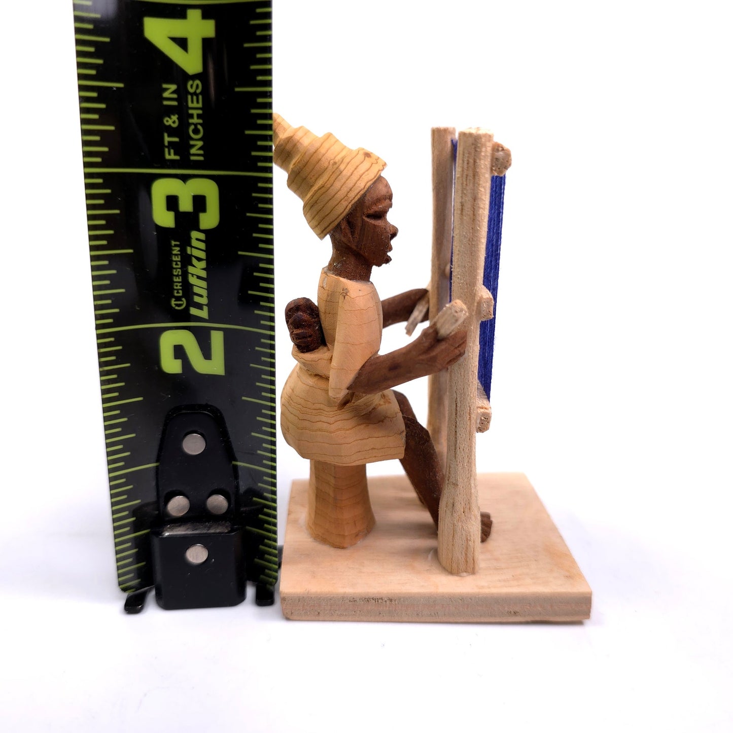 Vintage MCM Hand Carved Wooden Woman With A Loom Weaving Made In Nigeria Figure