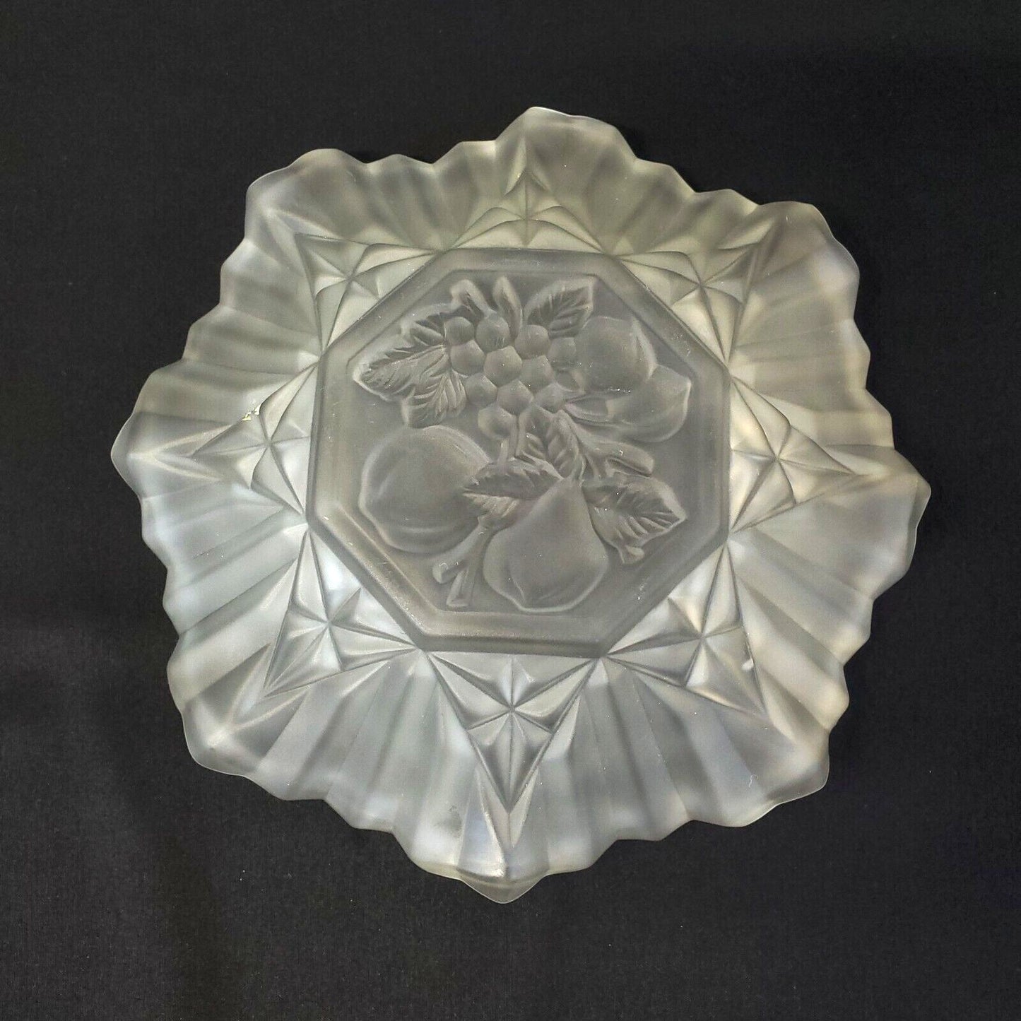 Vintage Frosted Satin Glass Fruit Bowl with Starburst Pattern Scalloped Edge