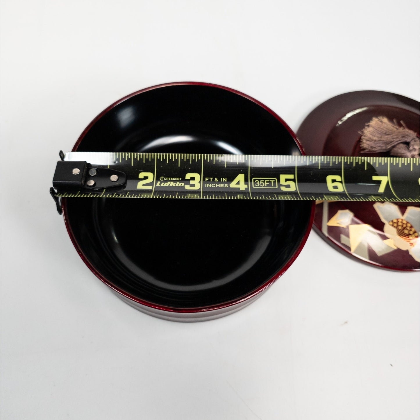 Lacquered Japanese Tea Lidded Trinket Box Container Floral Design w/ Tassel