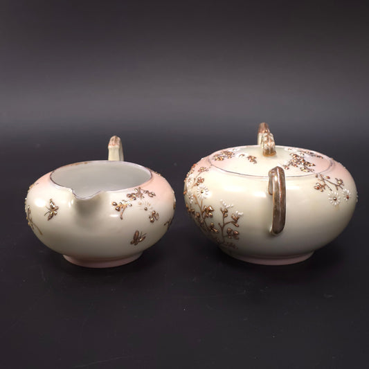 MCM Japanese Porcelain Embossed Floral Design Sugar & Creamer Set Gold Trim