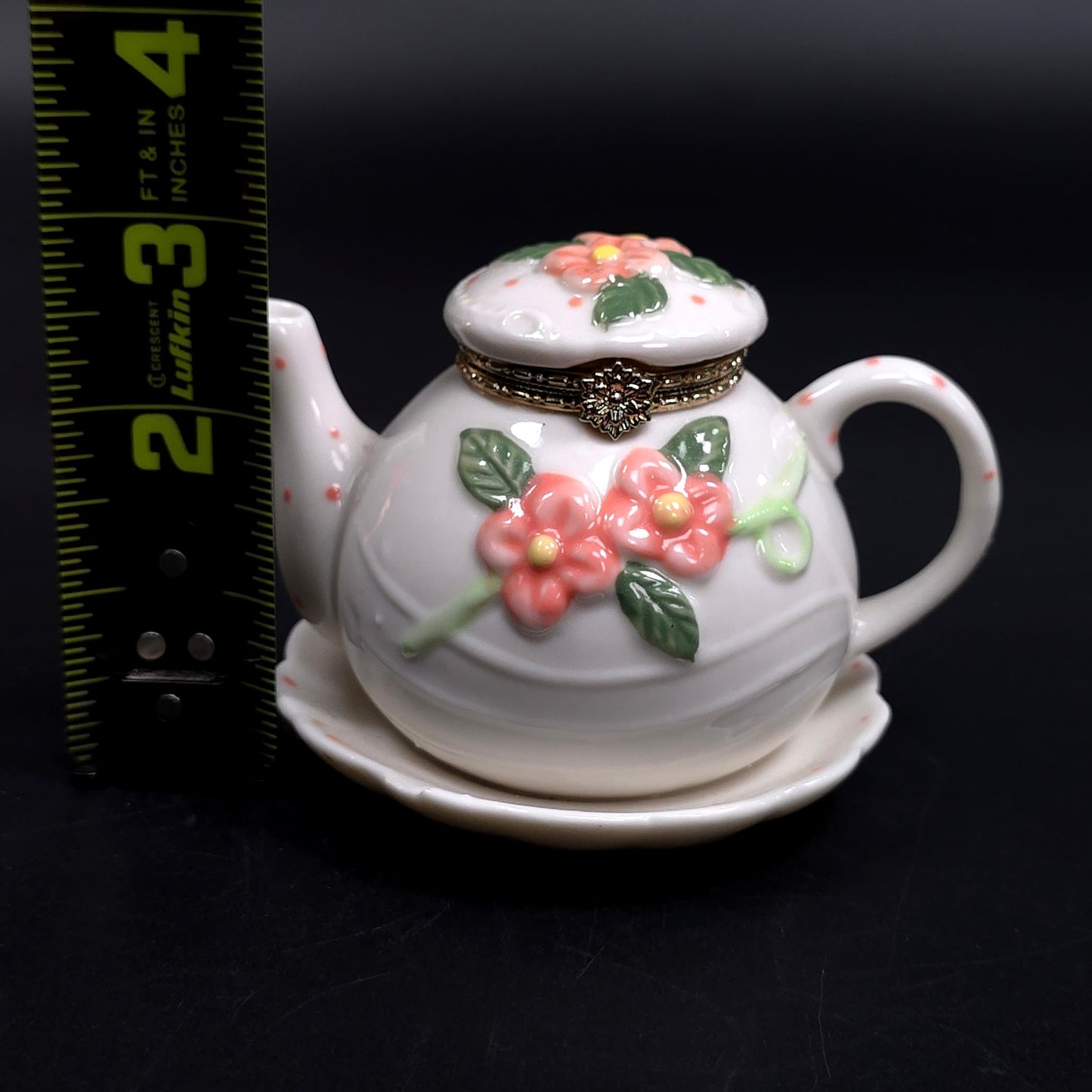 Vintage Tea Pot Jewelry Trinket Box With Saucer Floral Pattern