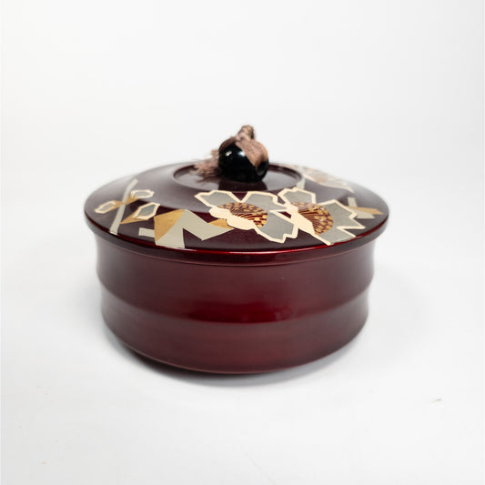 Lacquered Japanese Tea Lidded Trinket Box Container Floral Design w/ Tassel