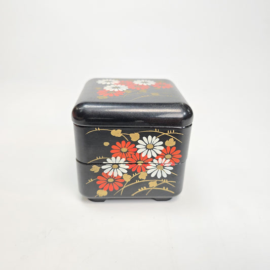 Vintage Japanese 2 Tier Lacquer Bento Trinket Box Flower Pattern
