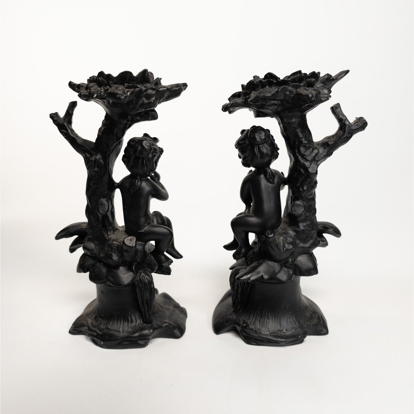 Cherub Angel Black Resin Candle Stick Holder Set of 2
