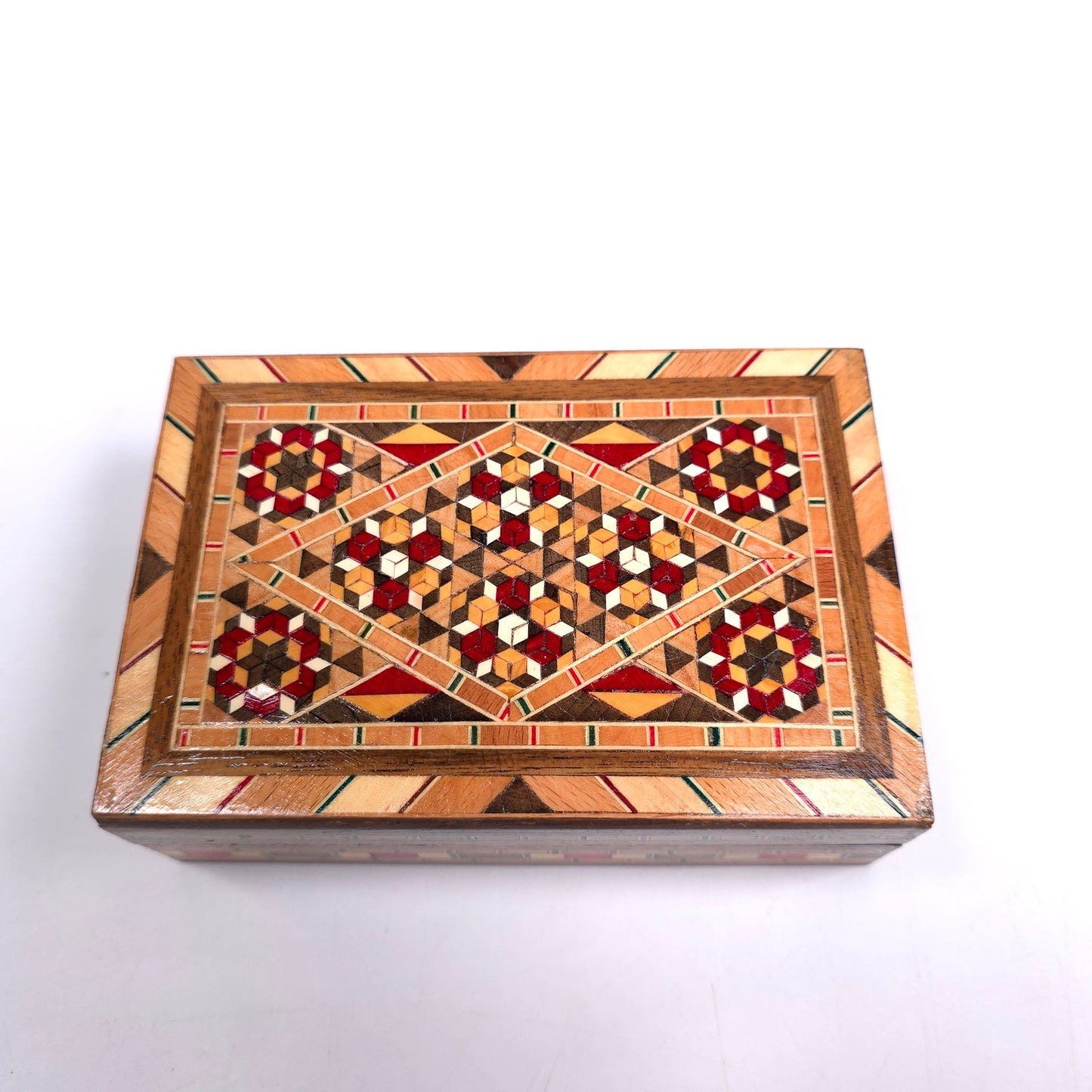 Vintage MCM Marquetry Wood Trinket Jewelry Box With Mosaic Inlay