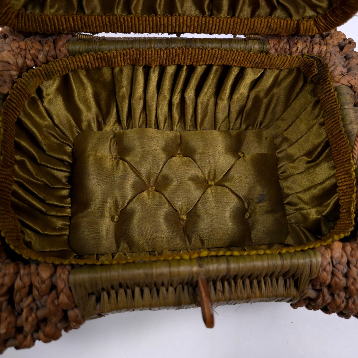 Antique Lined Table Trinket Box Hand Woven Basket With Handles