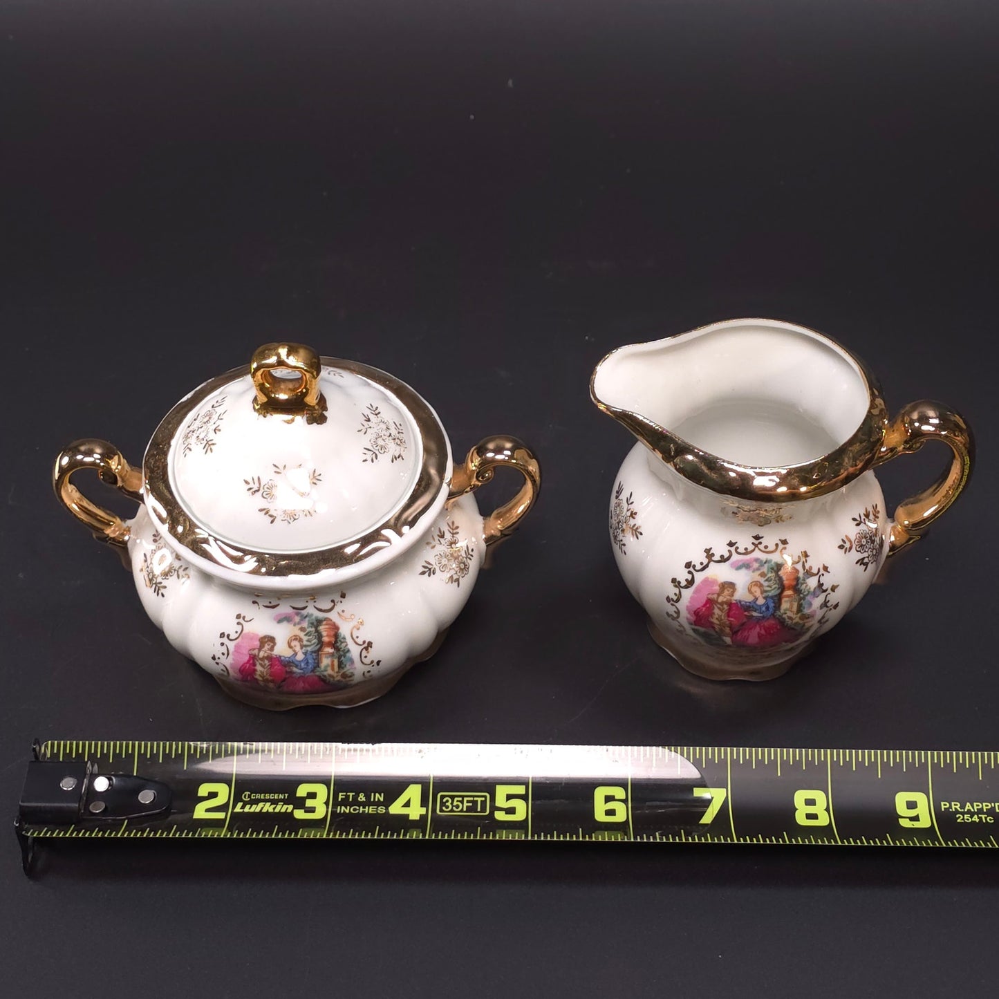 MCM Japanese Porcelain Sugar & Creamer Set Gold Trim Romantic Courting Scene