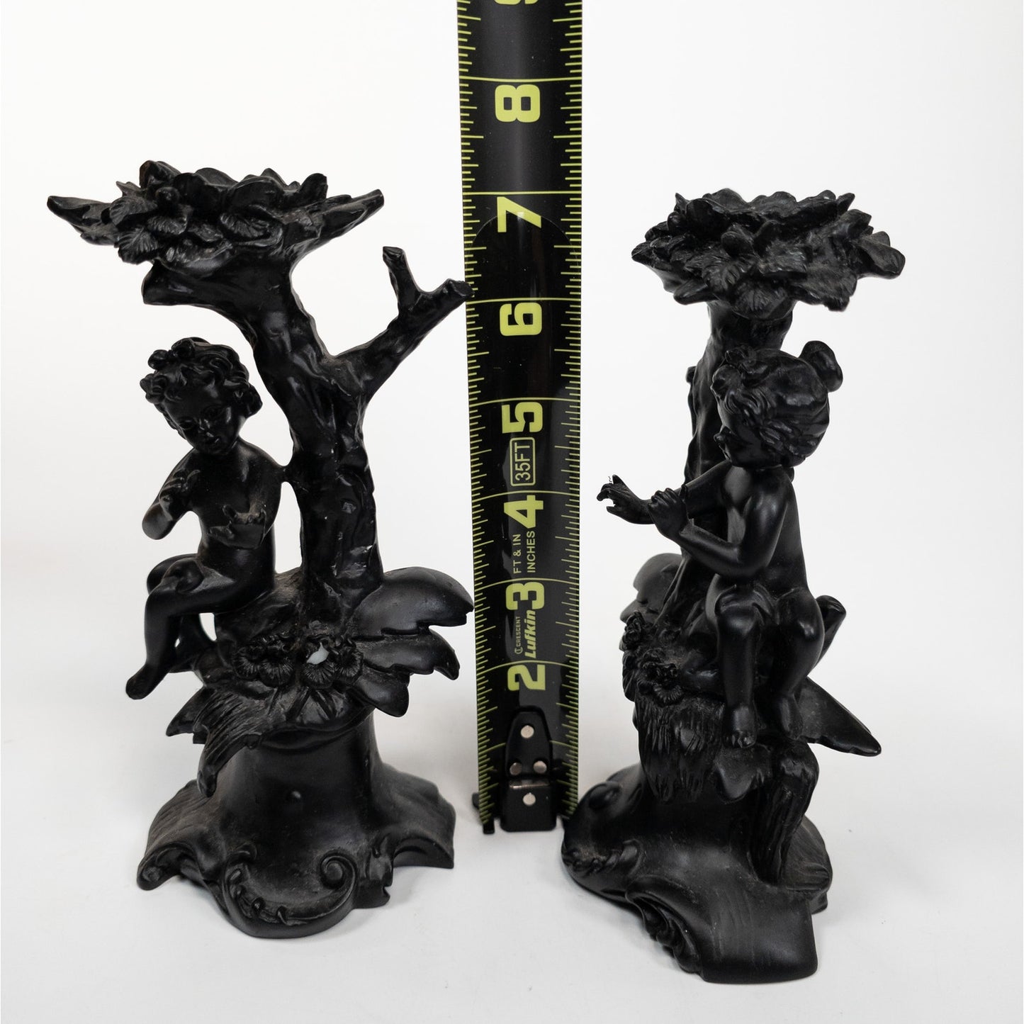 Cherub Angel Black Resin Candle Stick Holder Set of 2