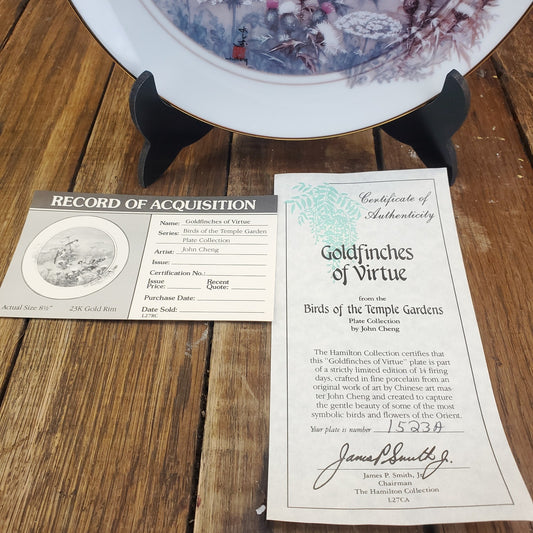 1988 John Cheng Gold Finches of Virtue Collector Plate 24k Gold Trim