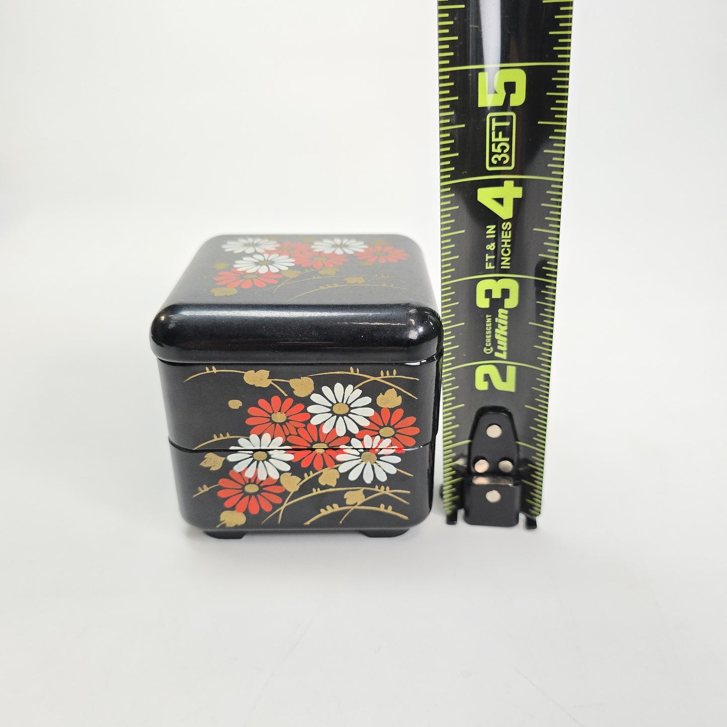 Vintage Japanese 2 Tier Lacquer Bento Trinket Box Flower Pattern
