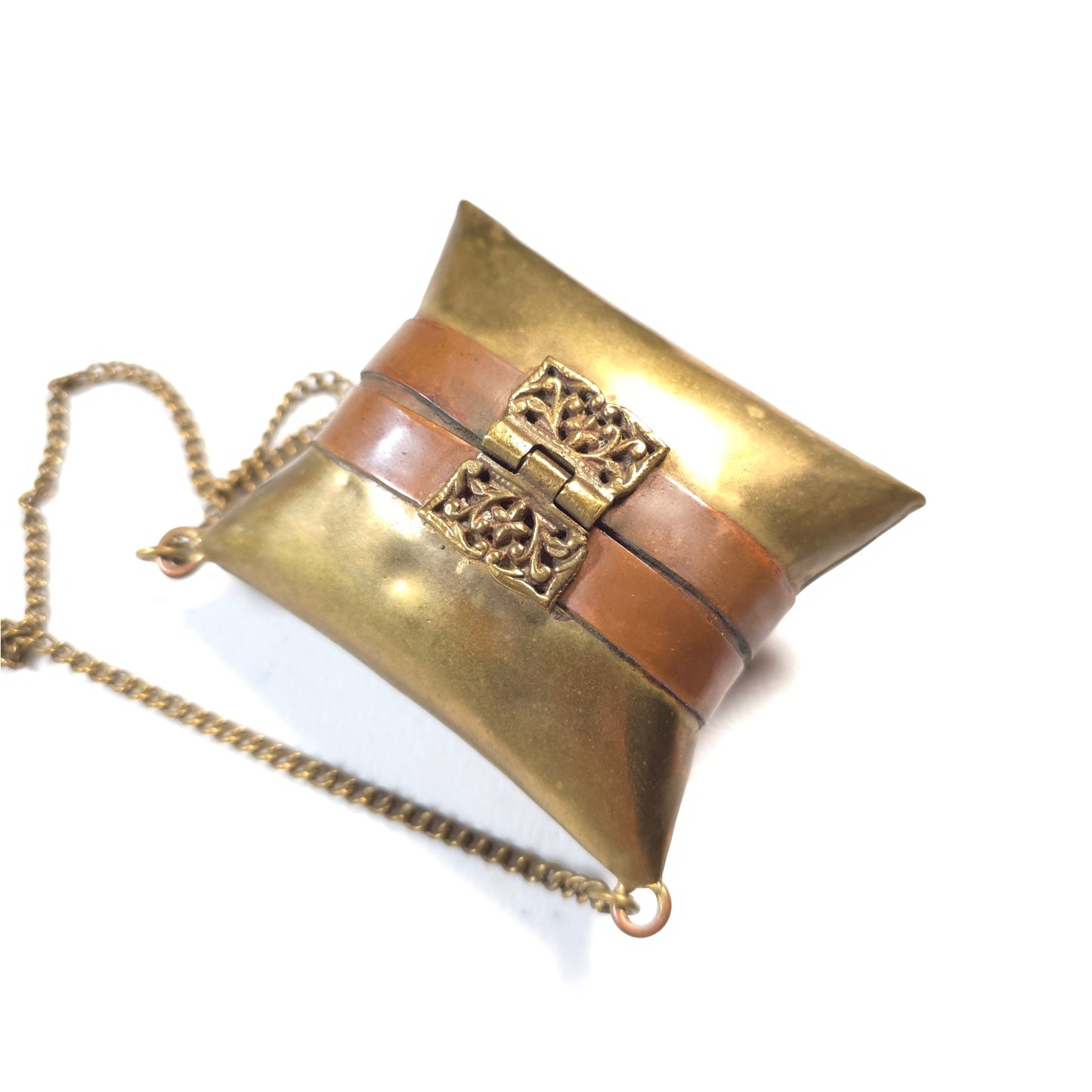 Antique Victorian Brass Copper Purse Velvet Lined Gold-Tone Chain Mini Purse