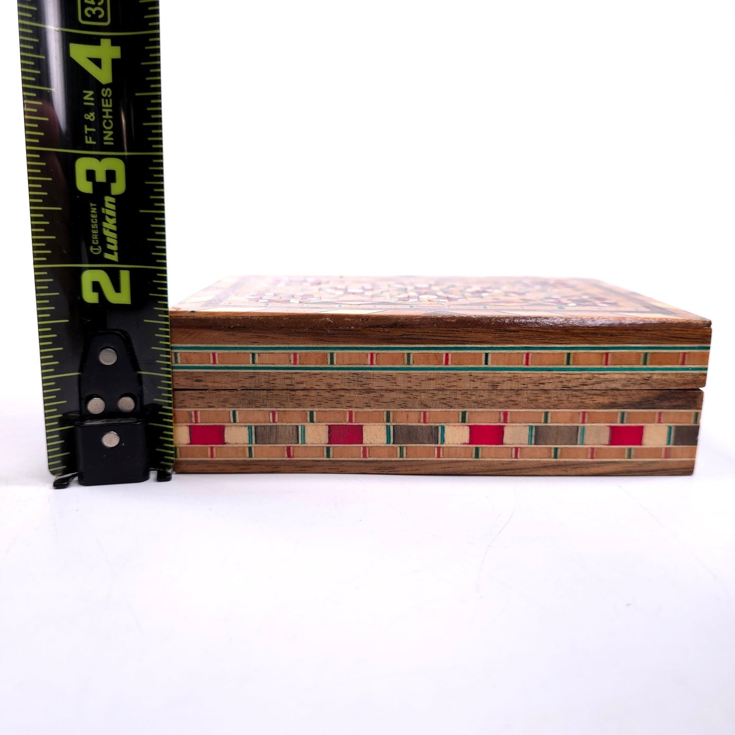Vintage MCM Marquetry Wood Trinket Jewelry Box With Mosaic Inlay