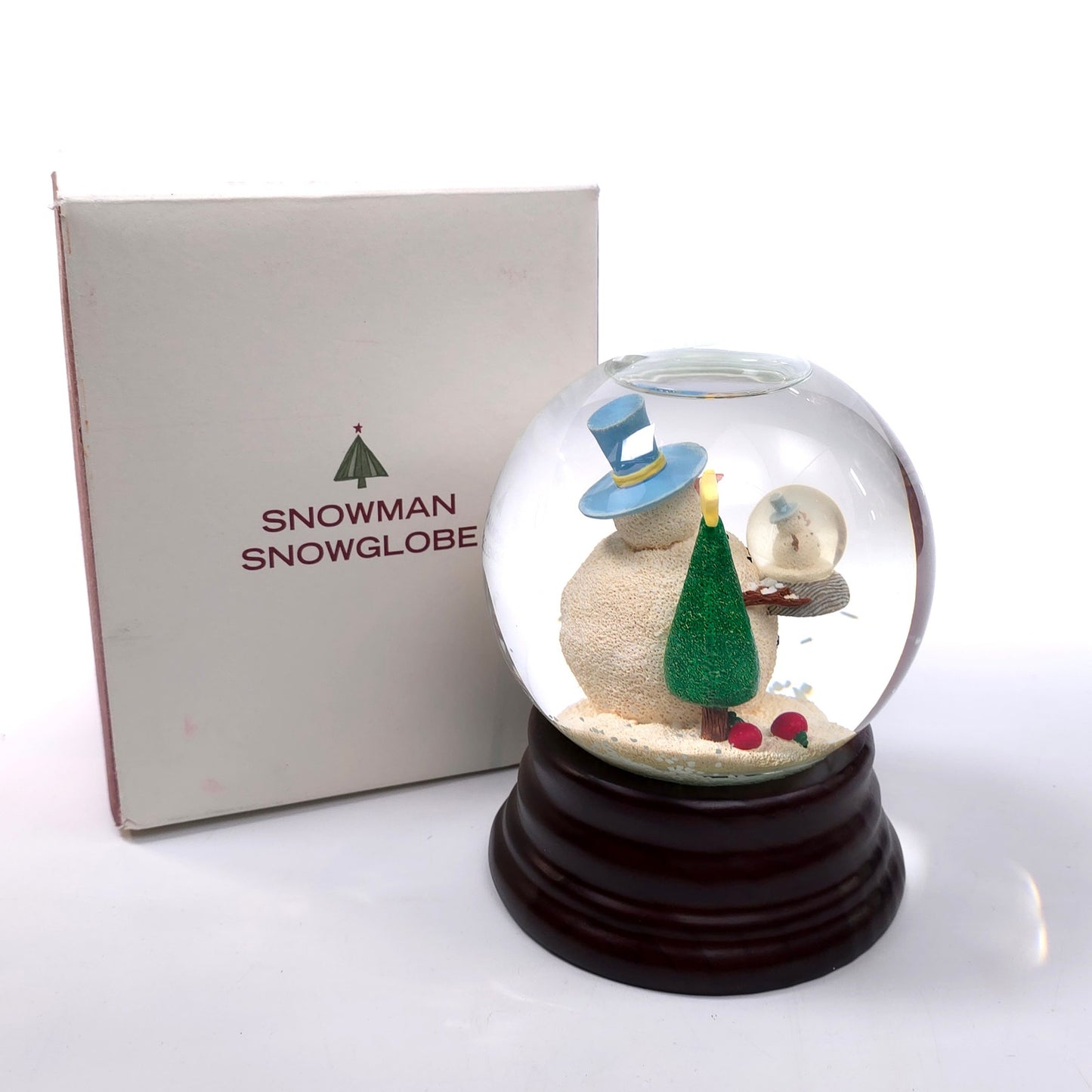 Eddie Bauer Snowman Holding Snow Man Snow Globe Wood Base Christmas Tree w/ Star