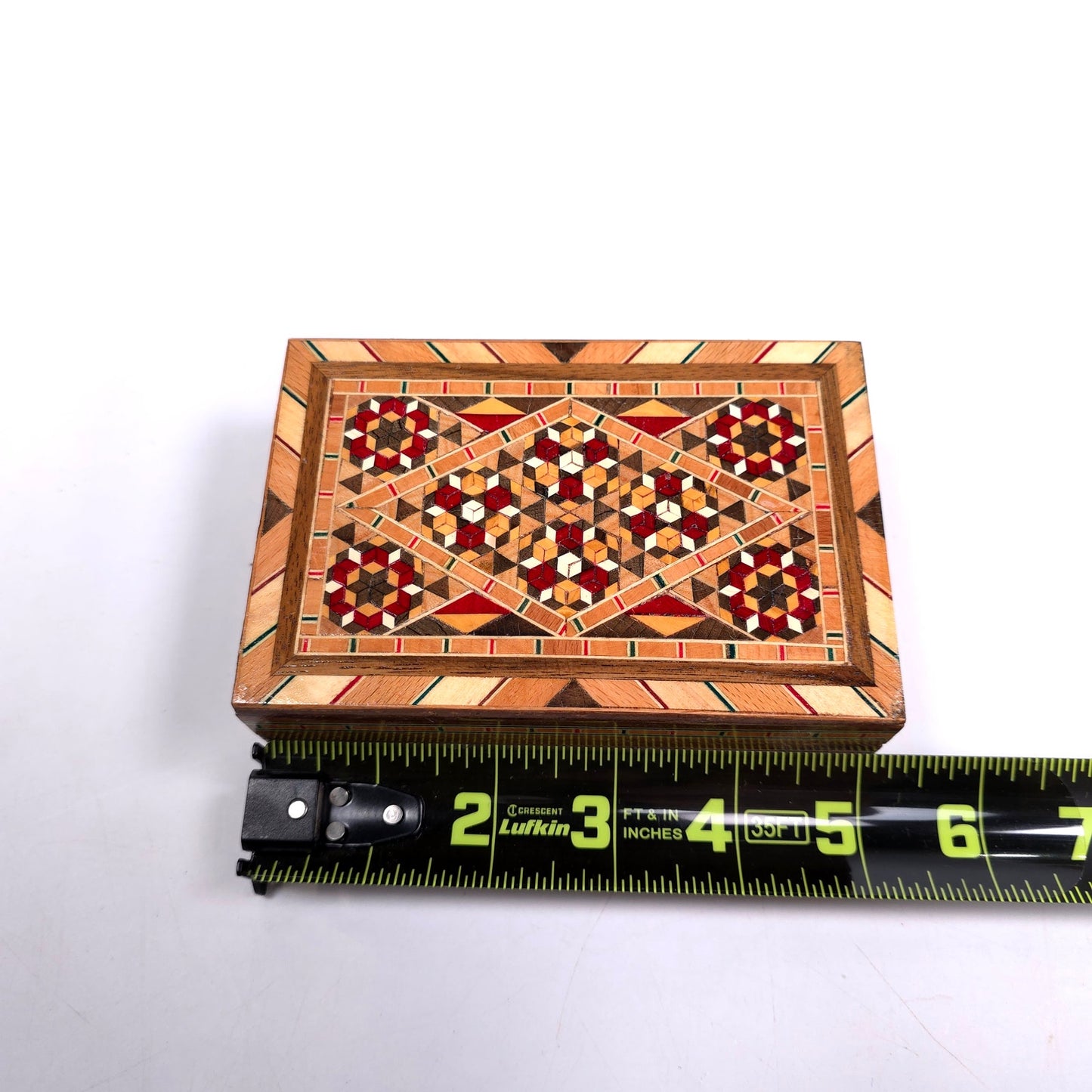 Vintage MCM Marquetry Wood Trinket Jewelry Box With Mosaic Inlay