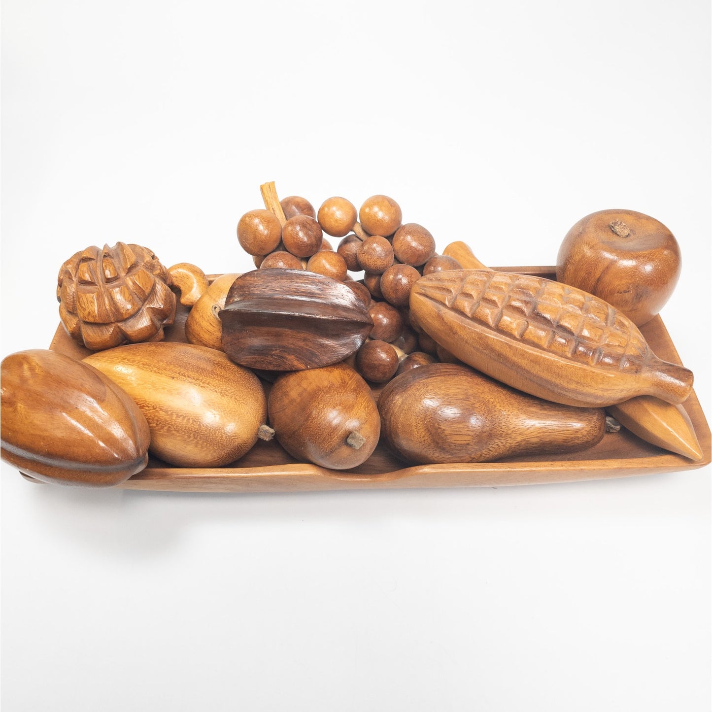 MCM Wood Decorative 13 Piece Fruit Bowl Tray Apple Corn Grapes Pear