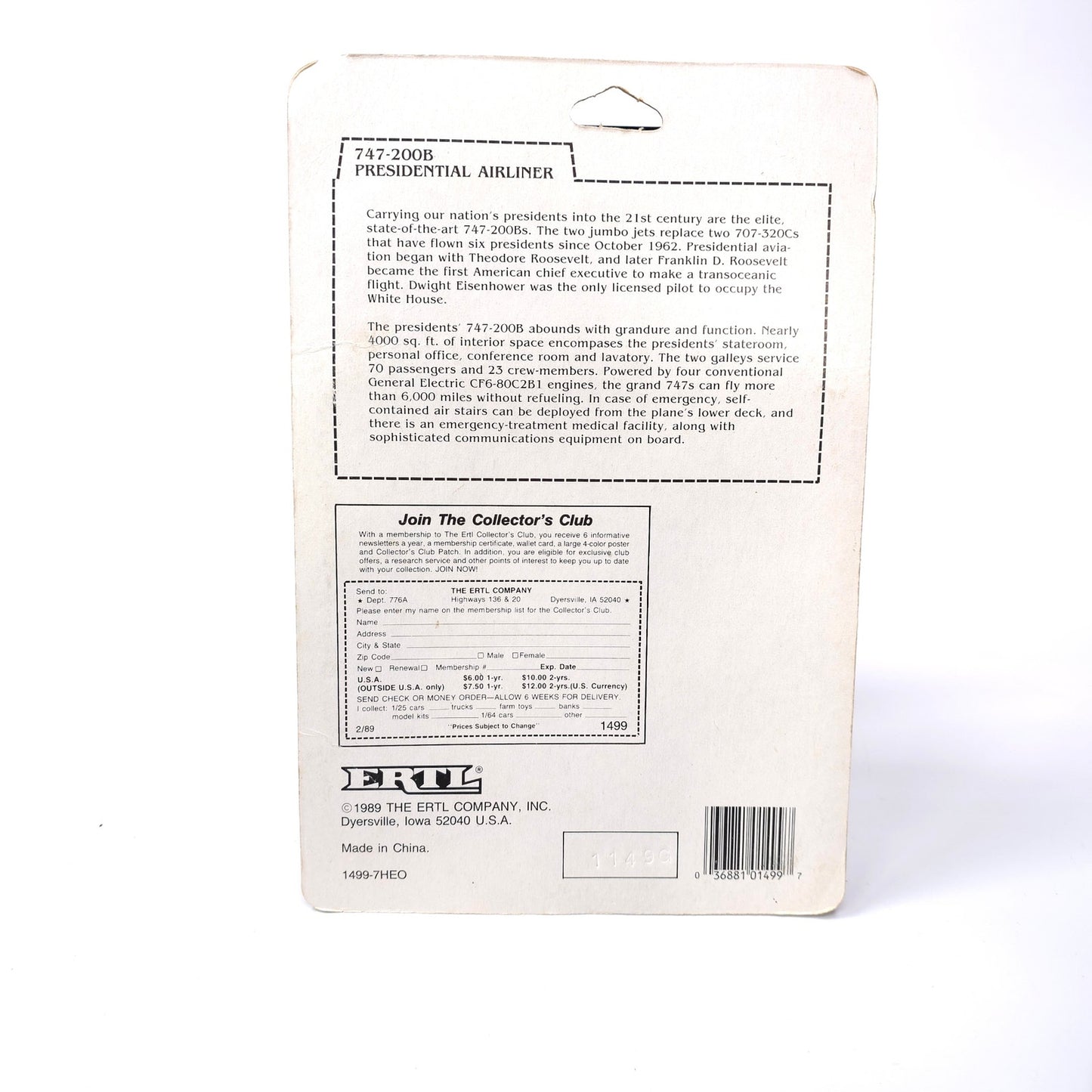 Sealed Vintage ERTL Air Force One Metal Diecast Airplane 747-200B Presient 1499