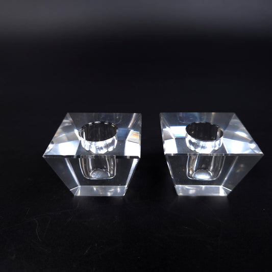 Set of 2 MCM Crystal Candle Stick Holders Square Pyramid Elegant Home Decor