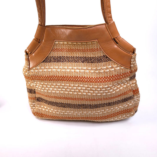 Burlap And Leather Woven Shoulder Bag Purse Striped