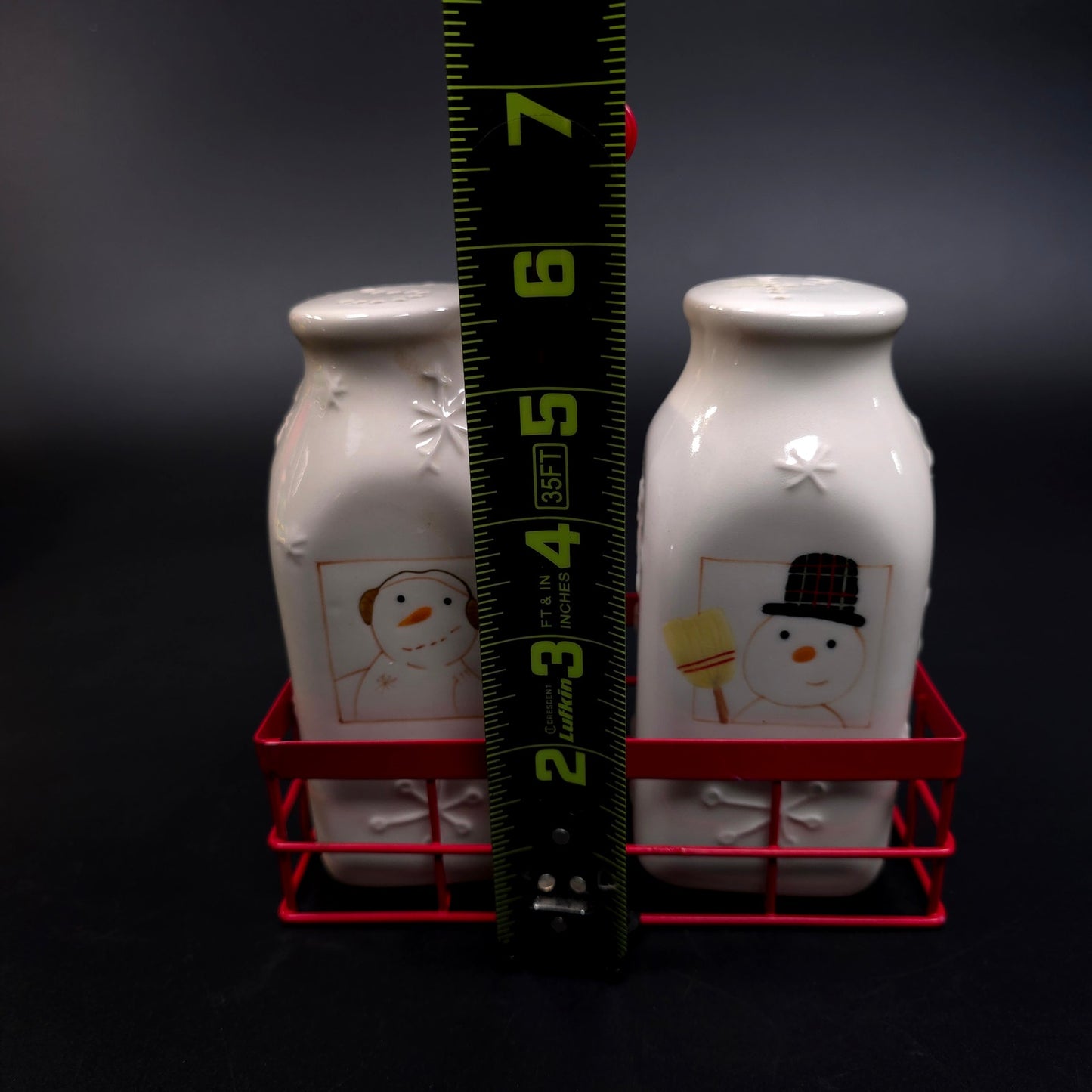 Hallmark Snowman Milk Bottle Snowman Salt & Pepper Shakers w/ Crate Holder