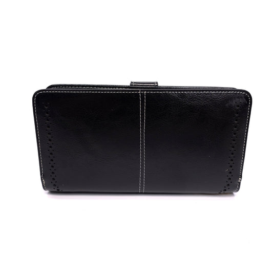 Sendefn Black Leather Wallet Wristlet Floral Button Clasp RFID Protetion