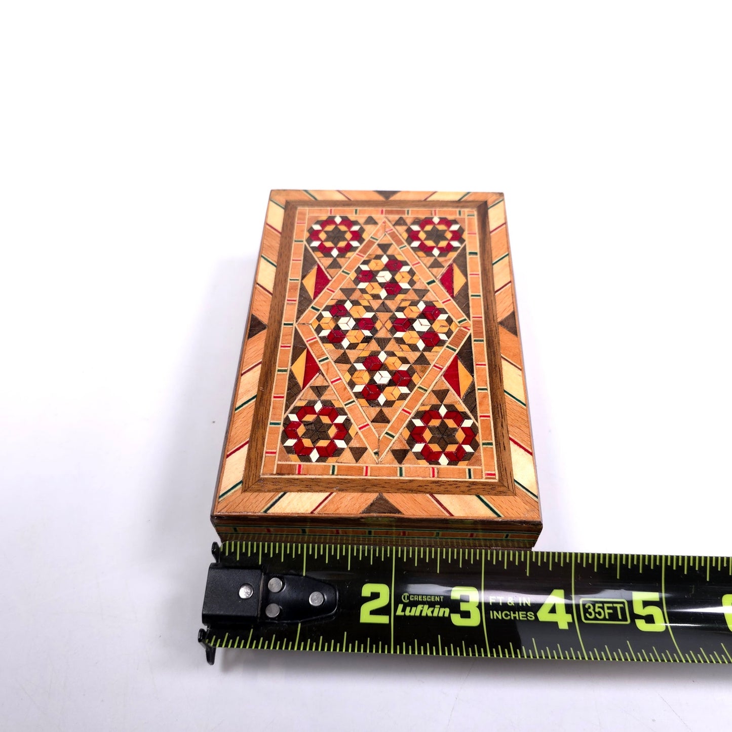 Vintage MCM Marquetry Wood Trinket Jewelry Box With Mosaic Inlay